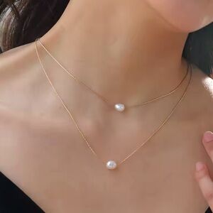 18k Gold Plated 2 Layer Natural Freshwater Pearl Charms Necklace